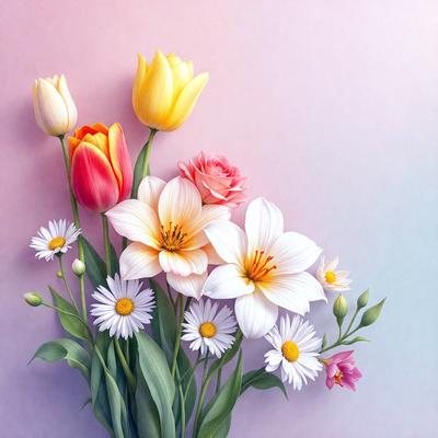The primary subject of the image is a bouquet of flowers, which are predominantly white and pink. The flowers are arranged in a vase, creating a beautiful and colorful display. The setting is a pink wall, which serves as a striking backdrop for the flowers. The visual style of the image is a combination of photo and digital art, resulting in a realistic yet artistic representation of the flowers. The colors and mood of the image are predominantly warm and cheerful, with the white and pink